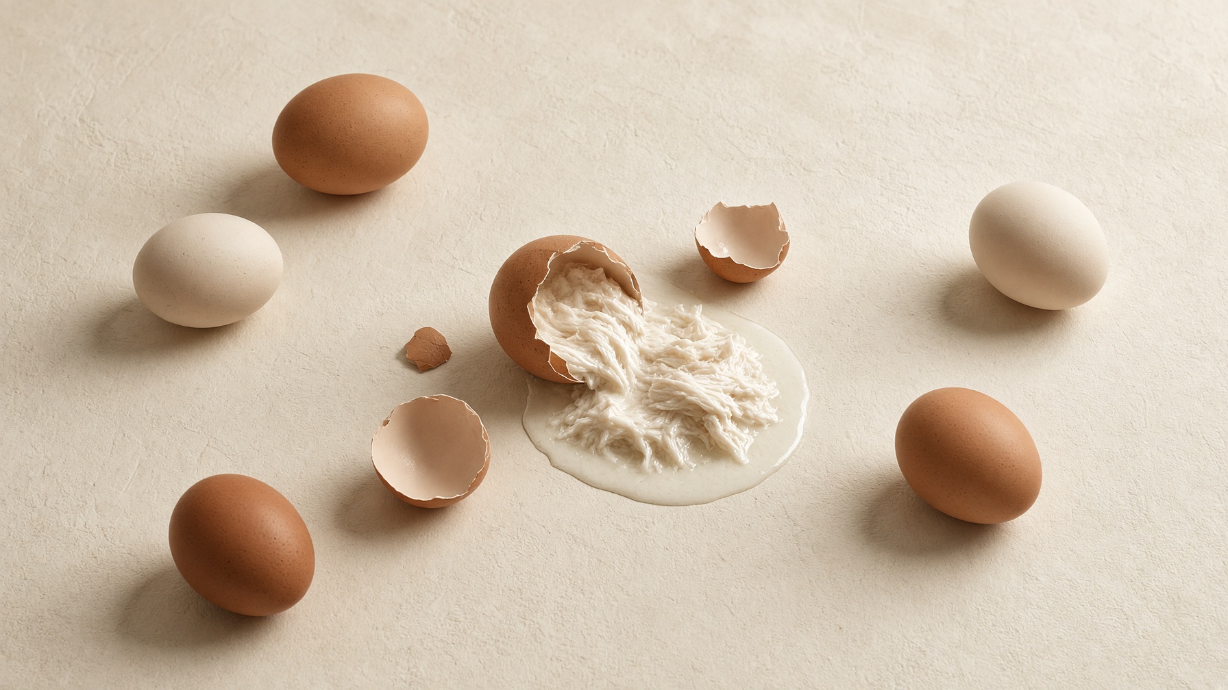 A cracked egg spilling pale fibrous OVO protein, surrounded by whole eggs