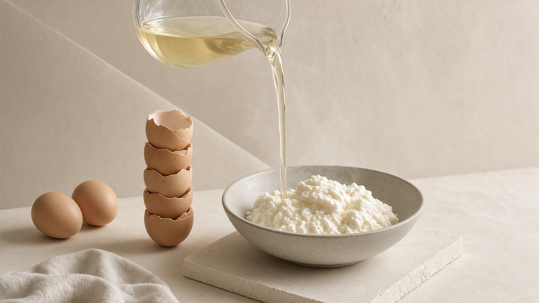 Egg white pouring from a glass pitcher beside stacked shells and a bowl of OVO