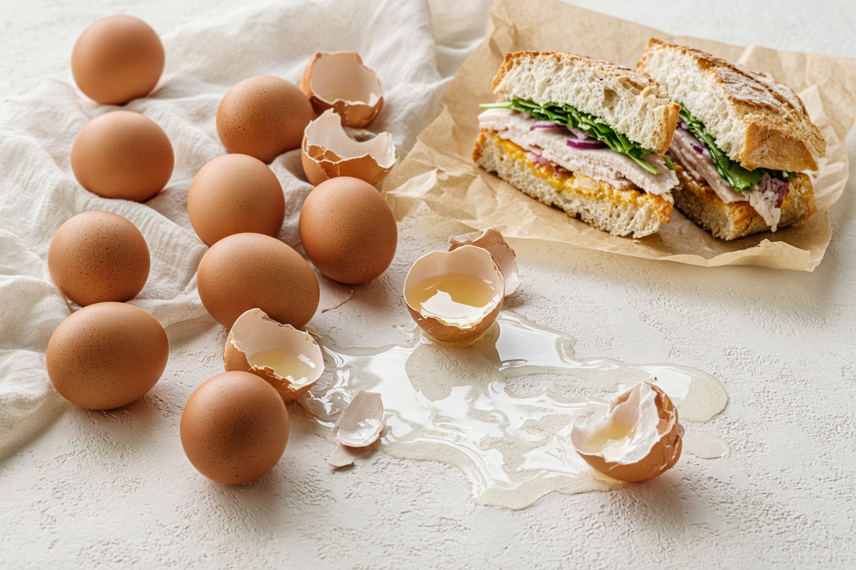 An OVO sandwich behind a scatter of whole eggs, shells, and egg white