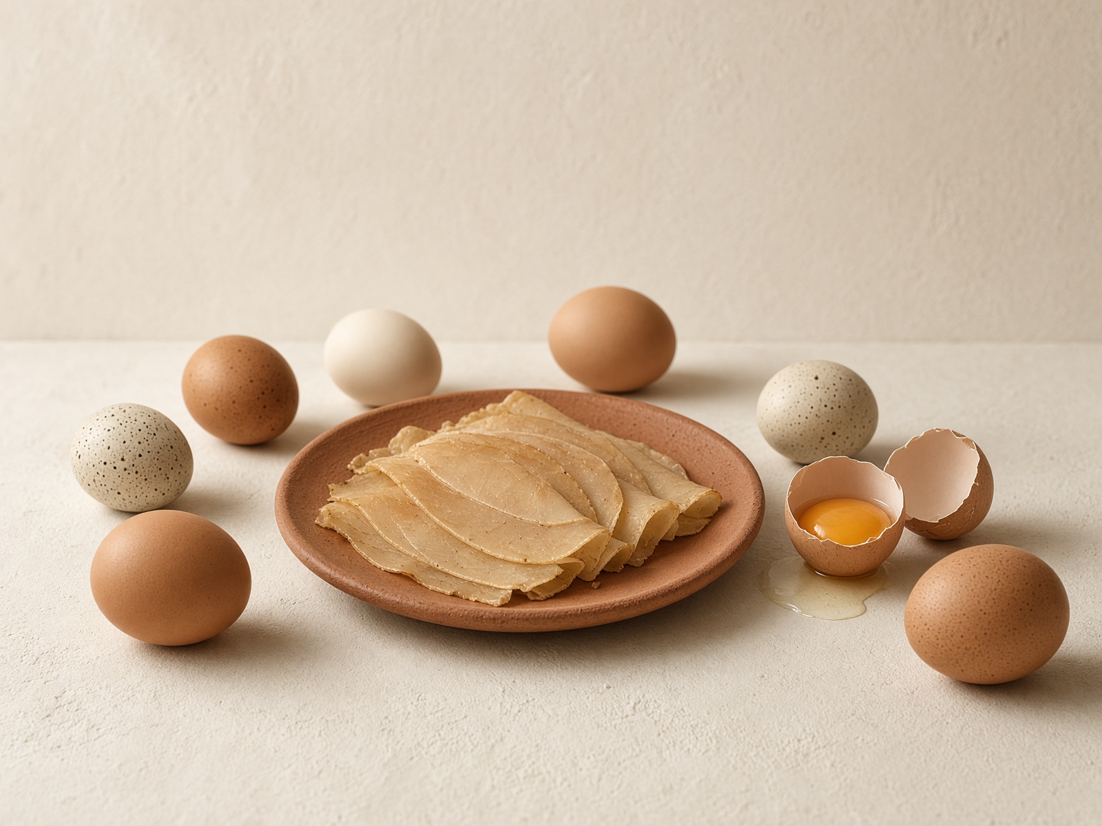 Smoked OVO deli slices on a terracotta plate, ringed with whole and cracked eggs